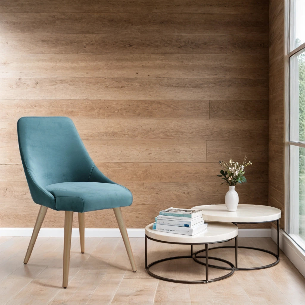 Blue chair Alba in a room with wooden walls and a window.