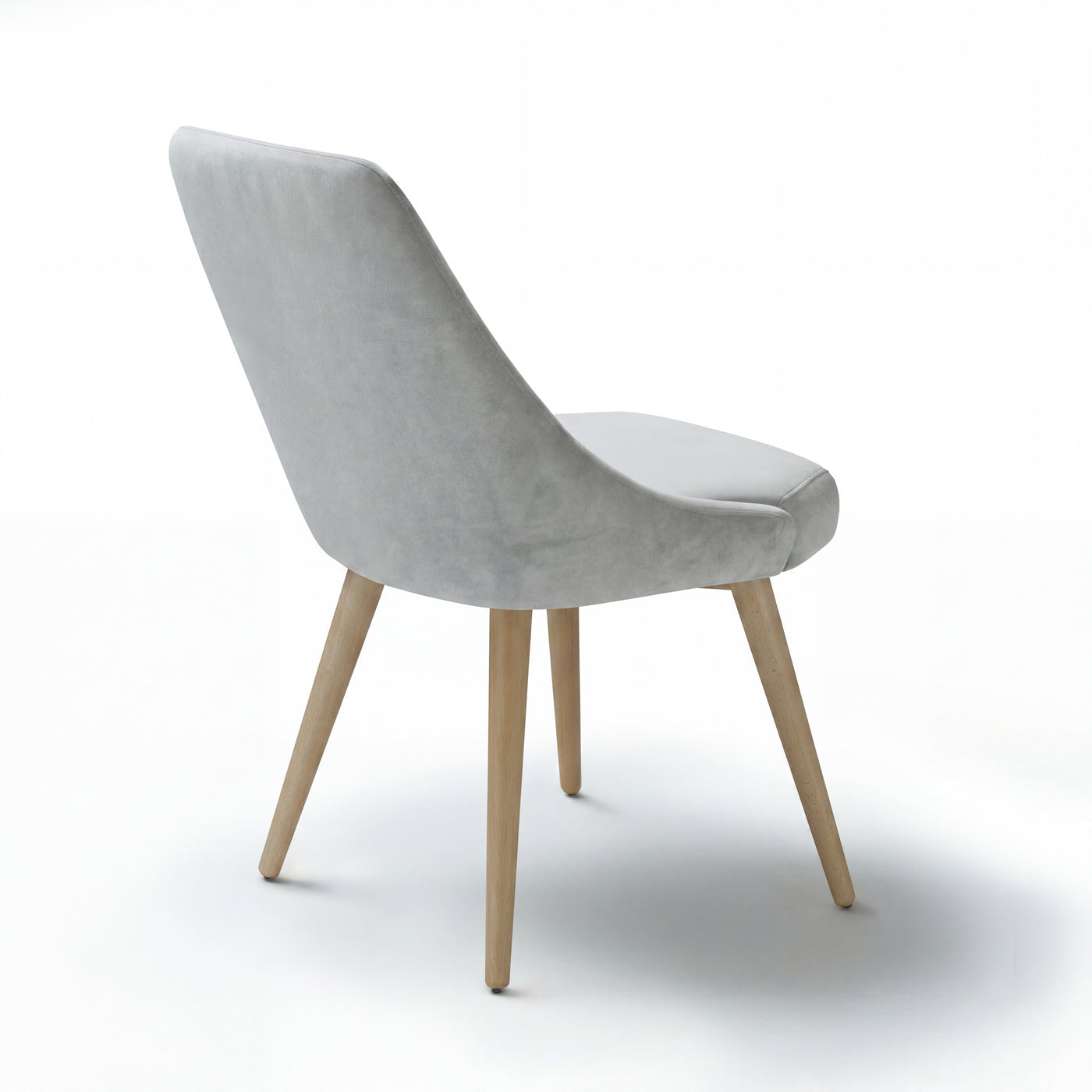 Light grey chair Alba with wooden legs on a white background - back view