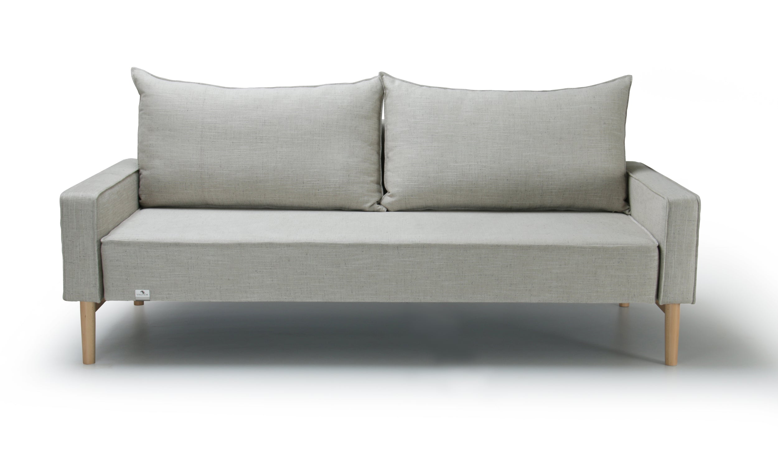 Front view of white Alpine sofa bed with upholstered armrest on a white background.