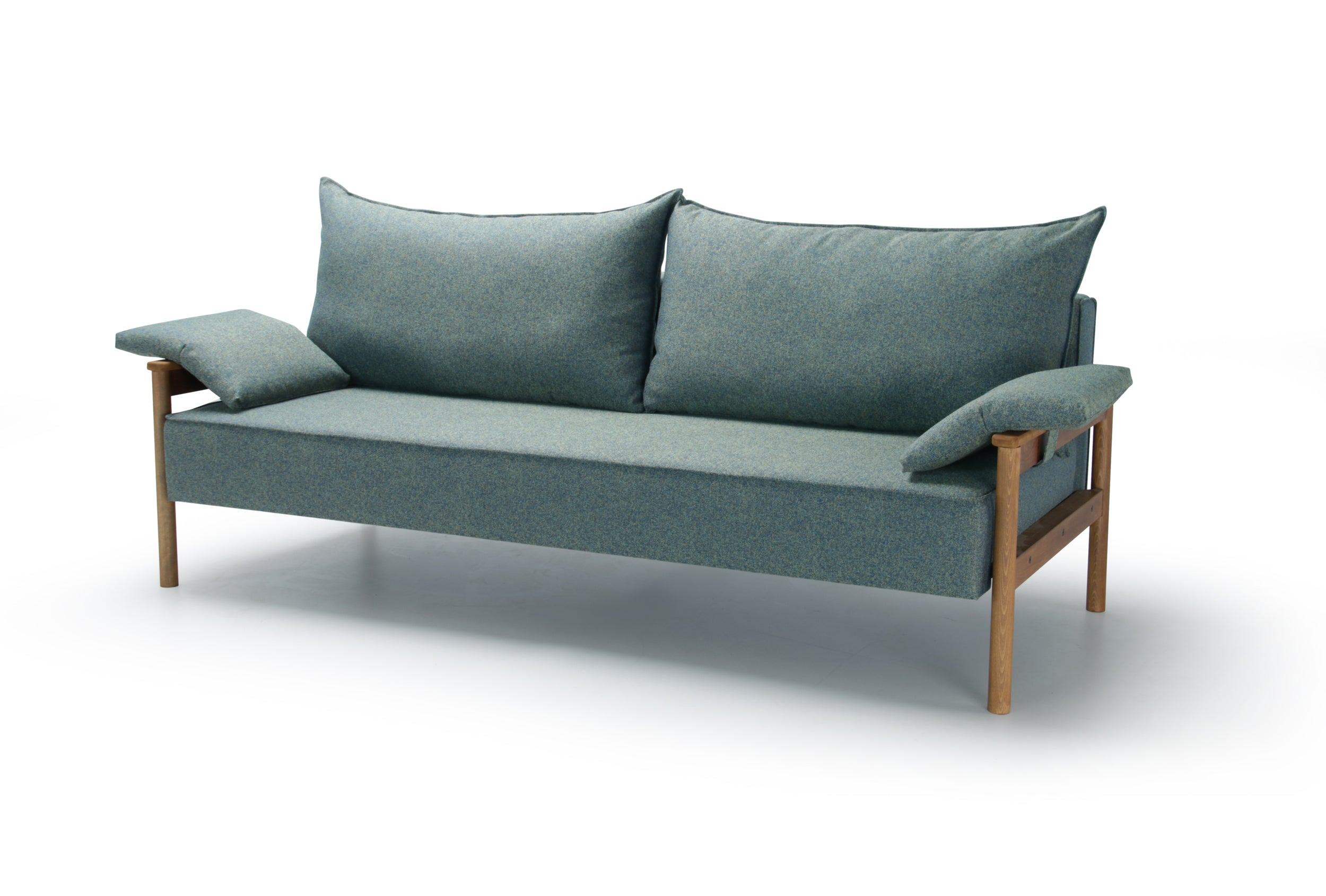 Front view of green Alpine sofa bed with wooden armrest on a white background.