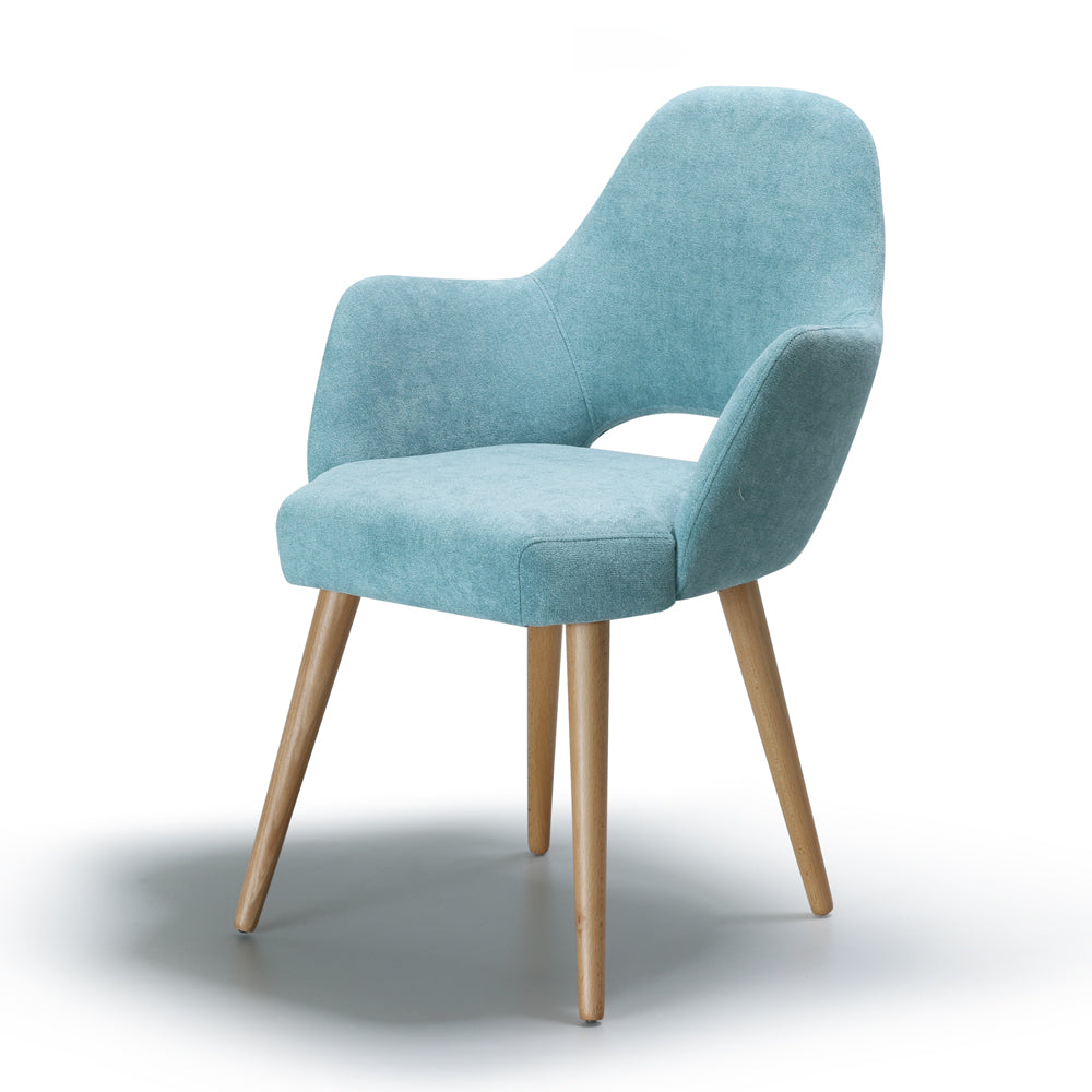 Side front view of blue Andre chair with wooden legs on a white background