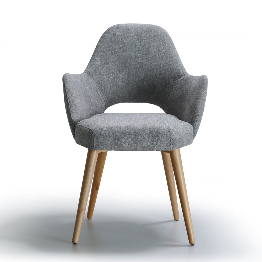 Gray upholstered Andre chair with wooden legs on a white background