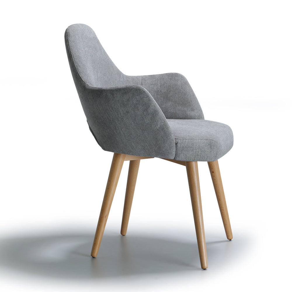 Gray upholstered Andre chair with wooden legs on a white background
