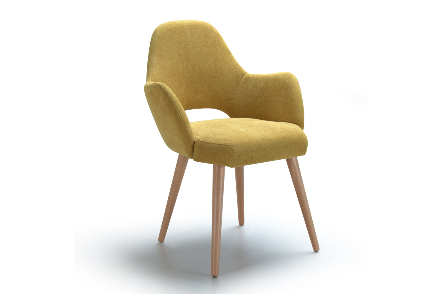 Andre yellow chair with wooden legs on a white background