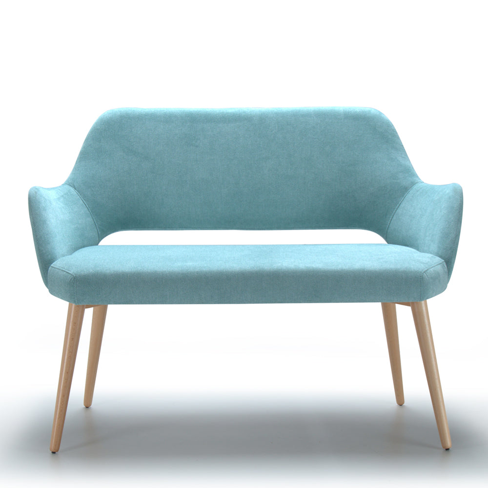 Front view of Andre light blue sofa with wooden legs on a white background