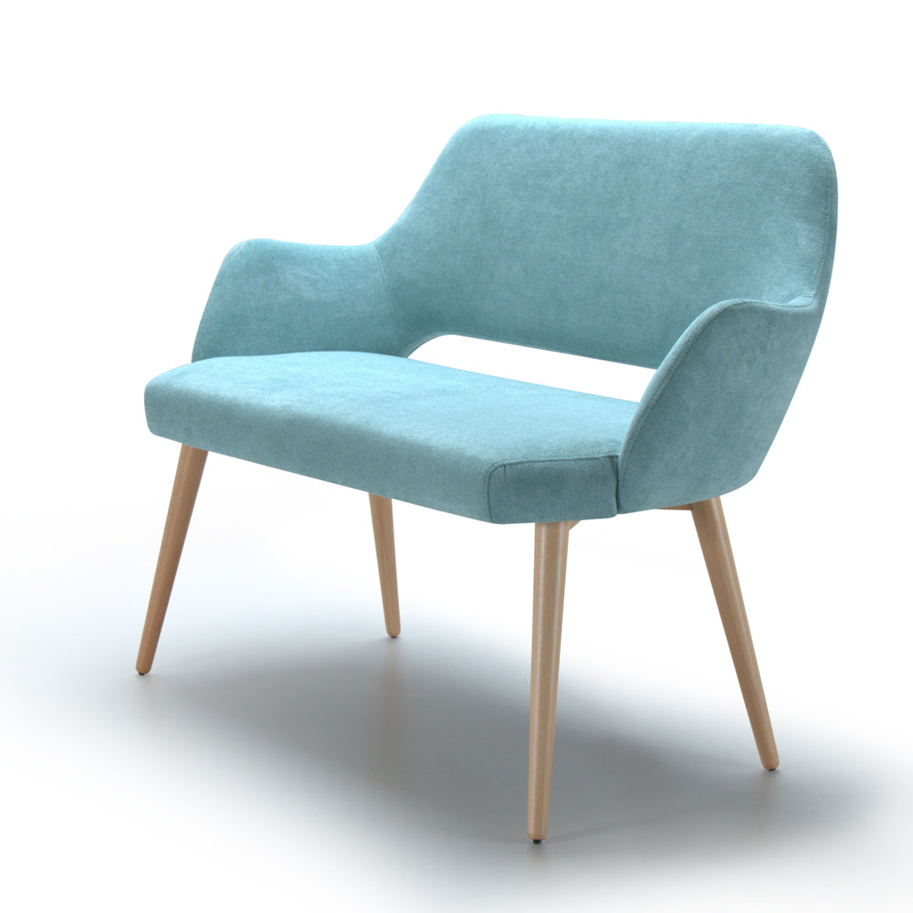 Light blue Andre sofa with wooden legs on a white background