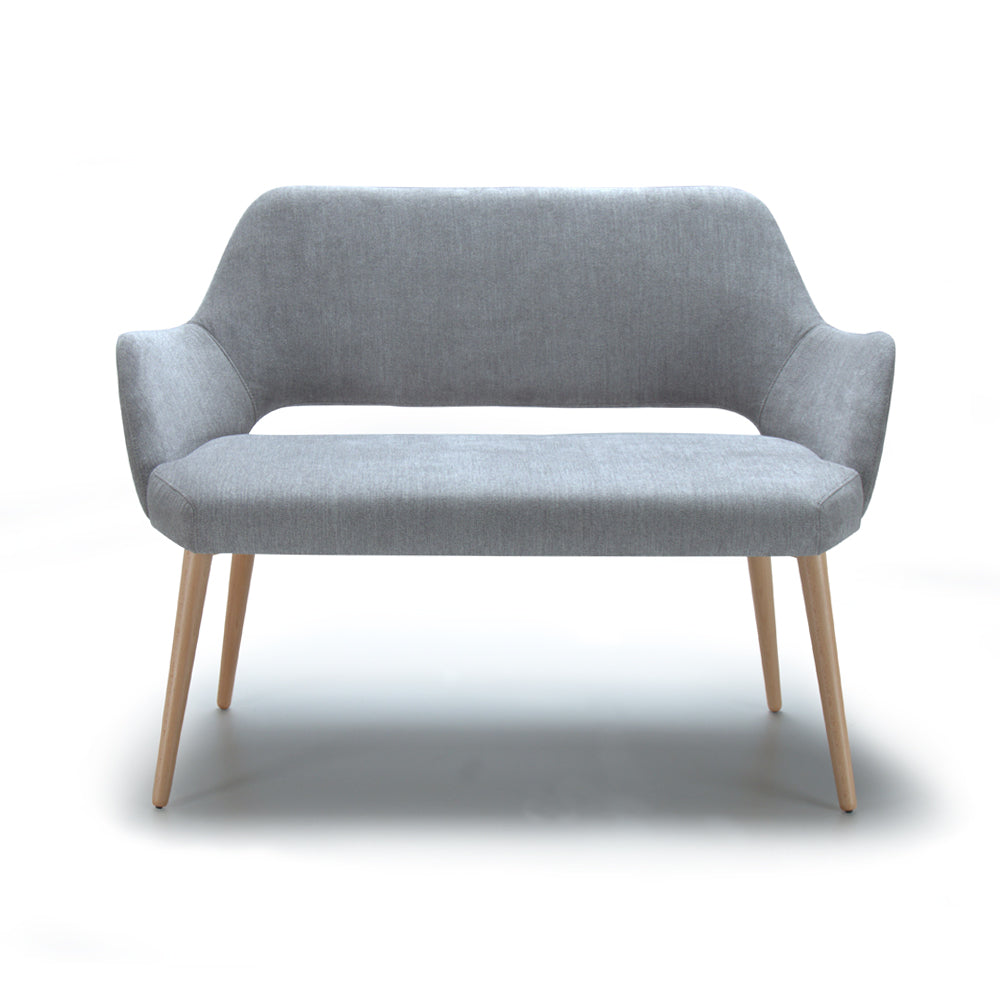 Front view of Andre gray sofa with wooden legs on a white background