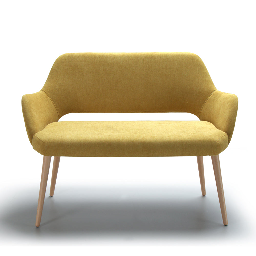Front view of yellow Andre sofa with wooden legs on a white background