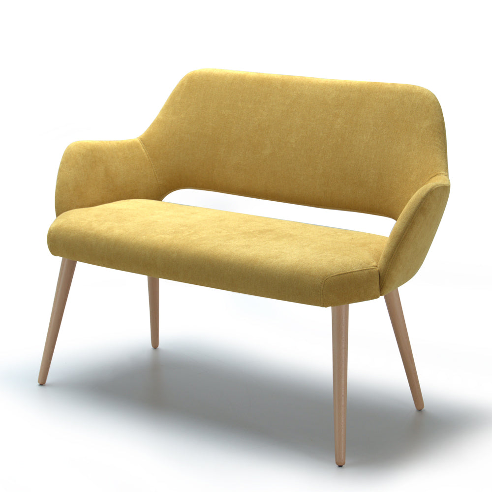 Yellow Andre sofa with wooden legs on a white background