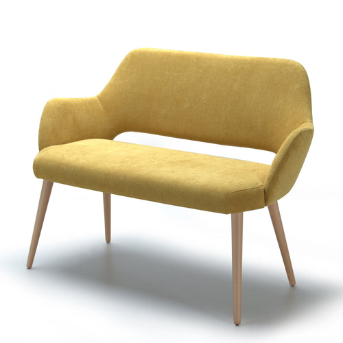 Yellow Andre sofa with wooden legs on a white background