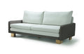 White three seats sofa B12 with dark brown frame and wooden legs on a white background