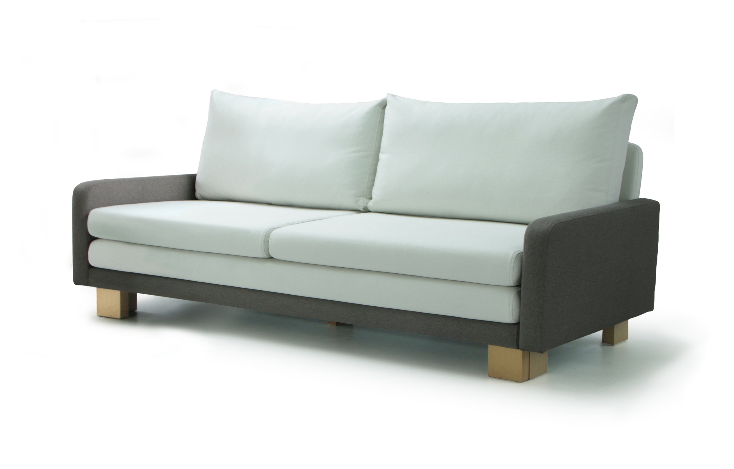 White three seats sofa B12 with dark brown frame and wooden legs on a white background