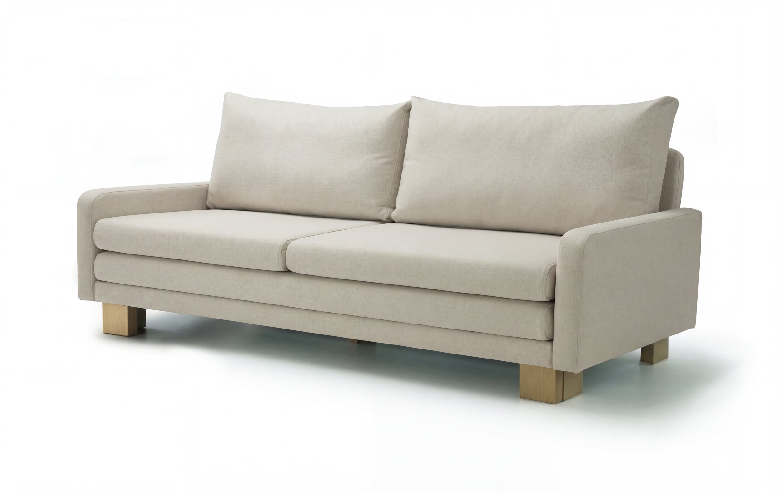 Three seats sofa B12 with beige upholstery and wooden legs on a white background