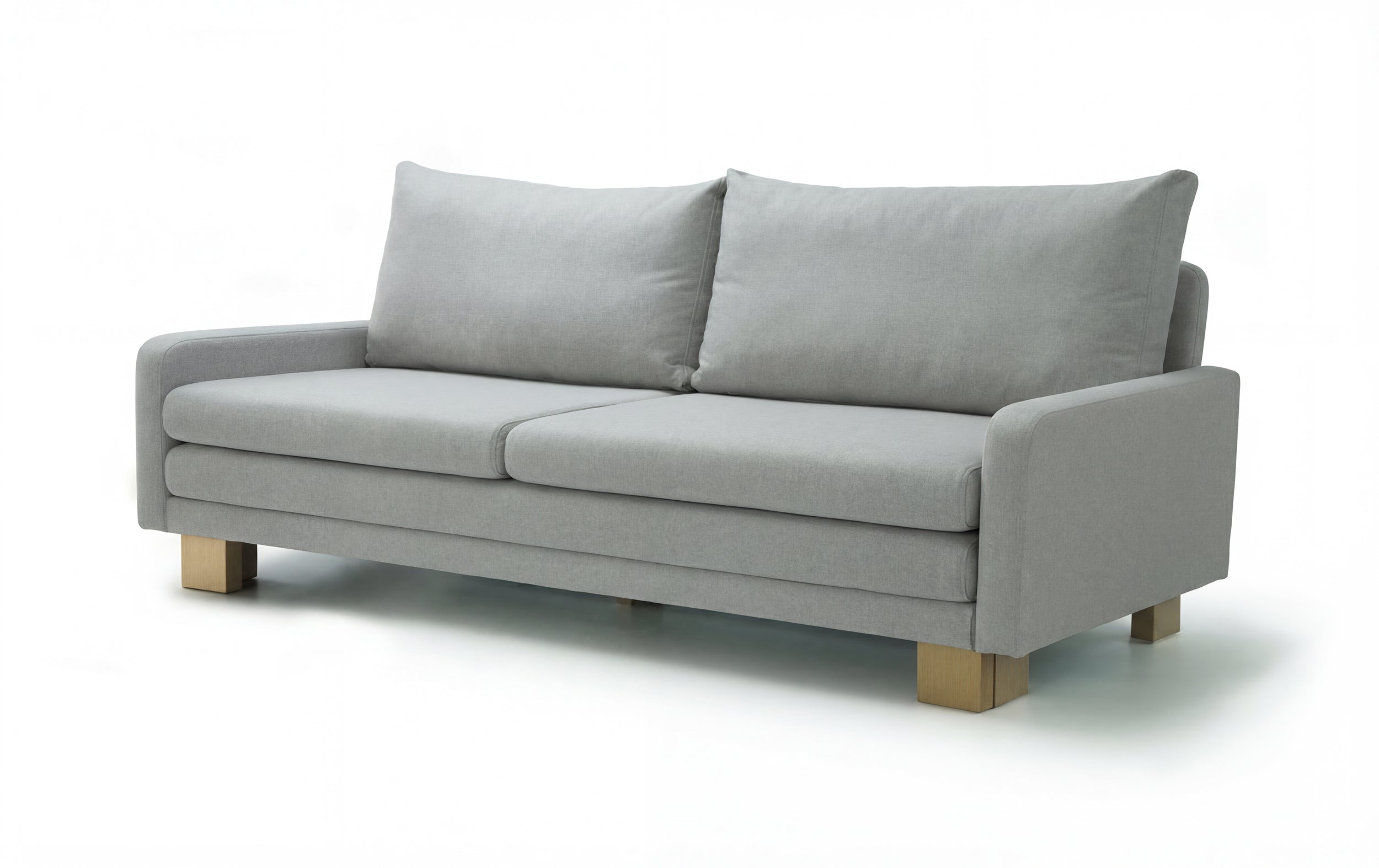 Three seats sofa B12 with grey upholstery and wooden legs on a white background
