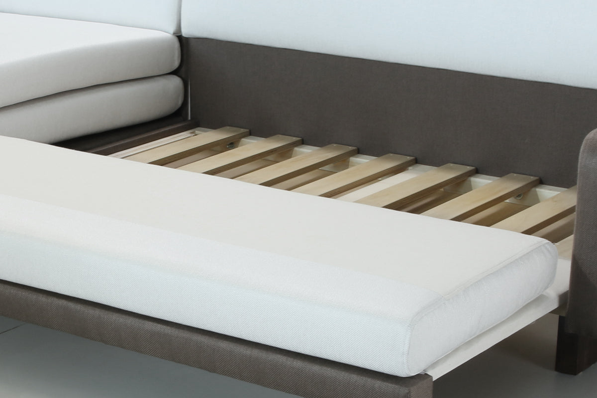 B12 Sofa bed with wooden slats and white mattress on white background