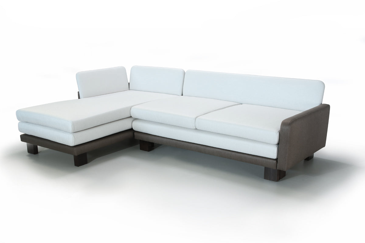 White sectional sofa B12 without back pillow with dark brown frame on a white background