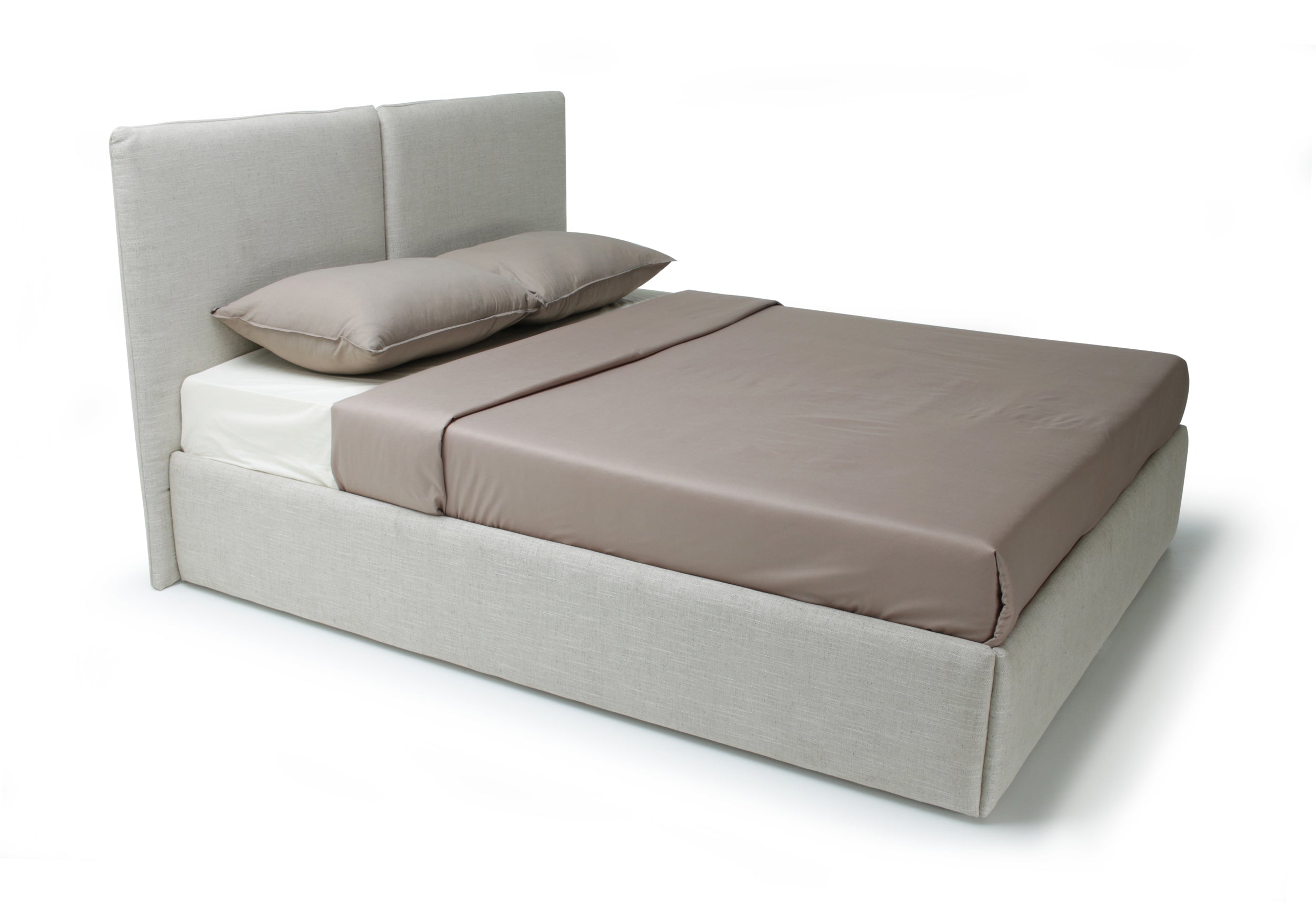 A modern platform bed with a light beige upholstered base and headboard, featuring a brown mattress and matching pillows, shown on a white background.