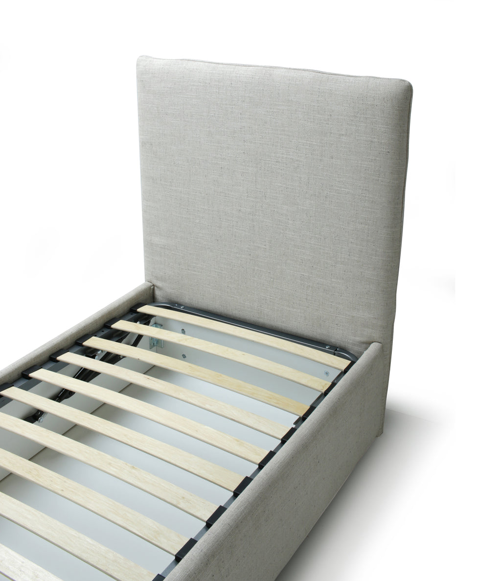A light gray upholstered bed frame with a tall headboard and wooden slats, shown on a white background.