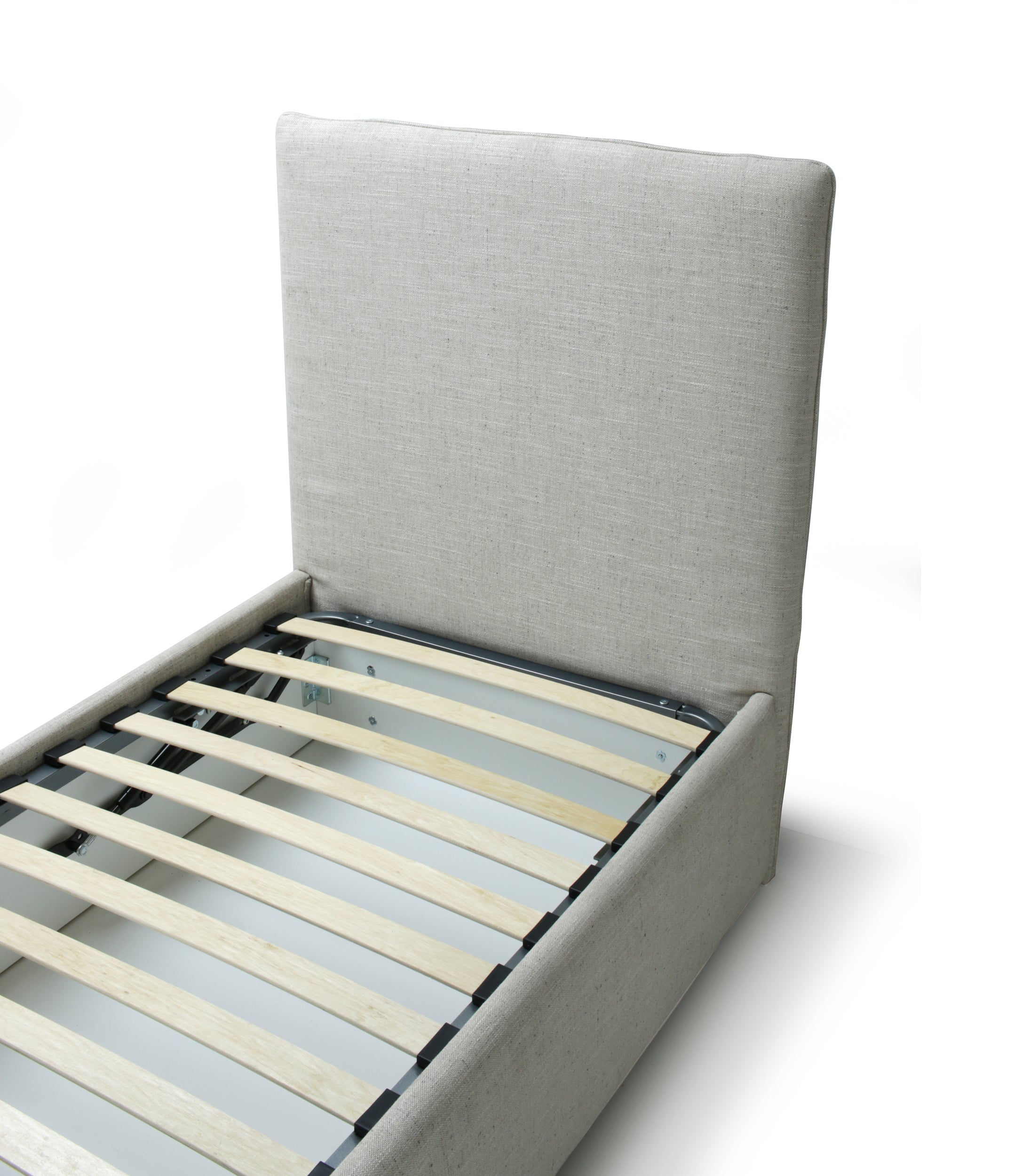 A light gray upholstered bed frame with a tall headboard and wooden slats, shown on a white background.