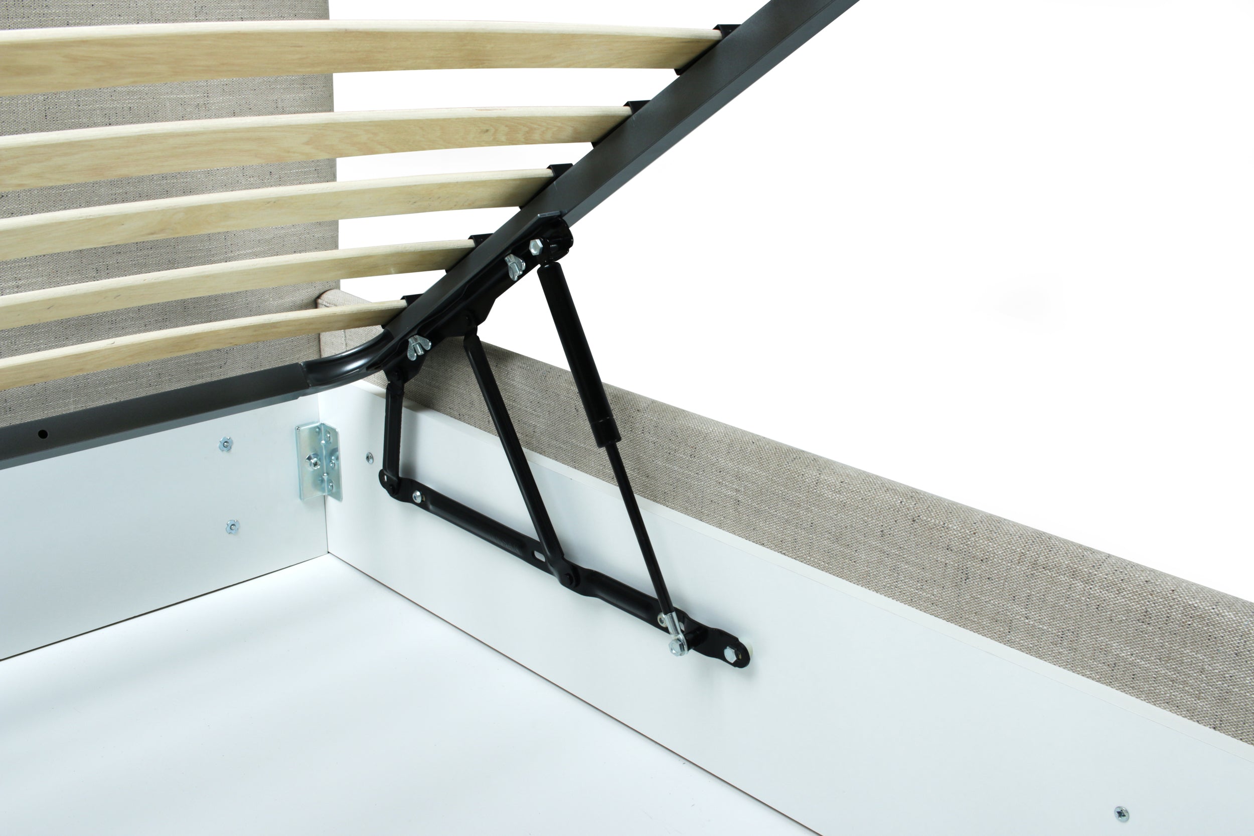 Close-up of a bed frame mechanism with light wood slats, black metal support arms, and a white headboard against a white background.
