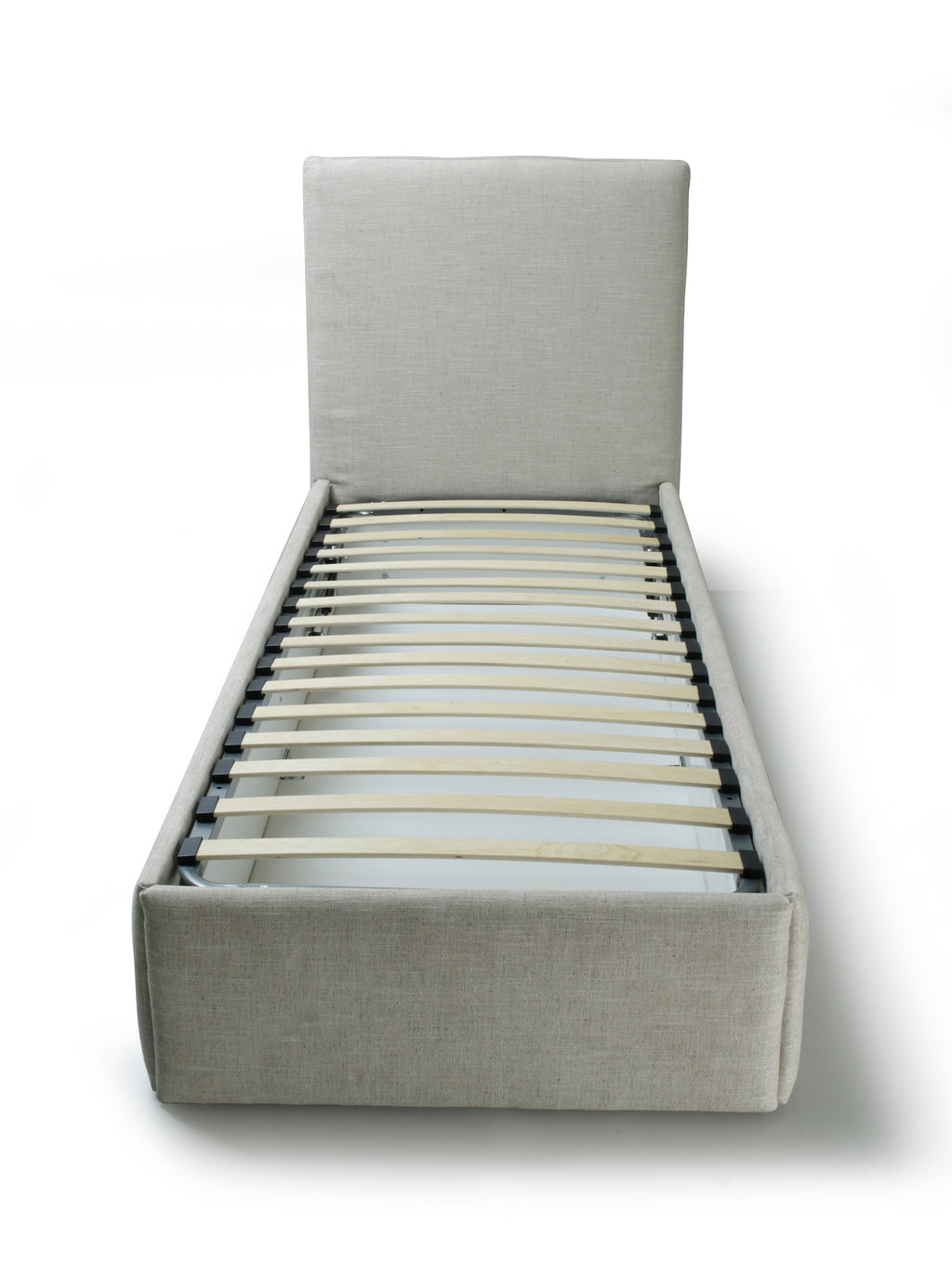 An upholstered bed frame with a tall rectangular headboard and slatted support base, shown on a clean white background.