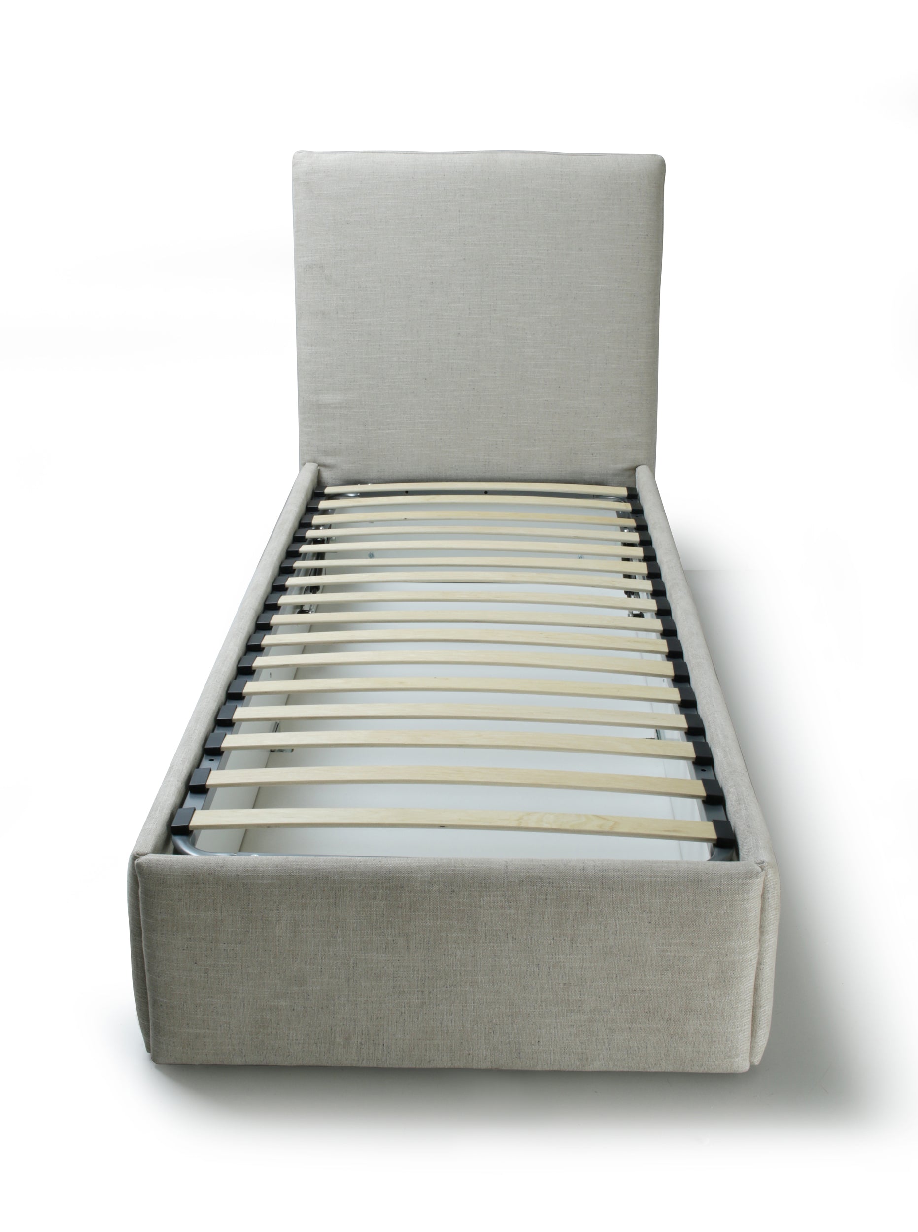 An upholstered bed frame with a tall rectangular headboard and slatted support base, shown on a clean white background.