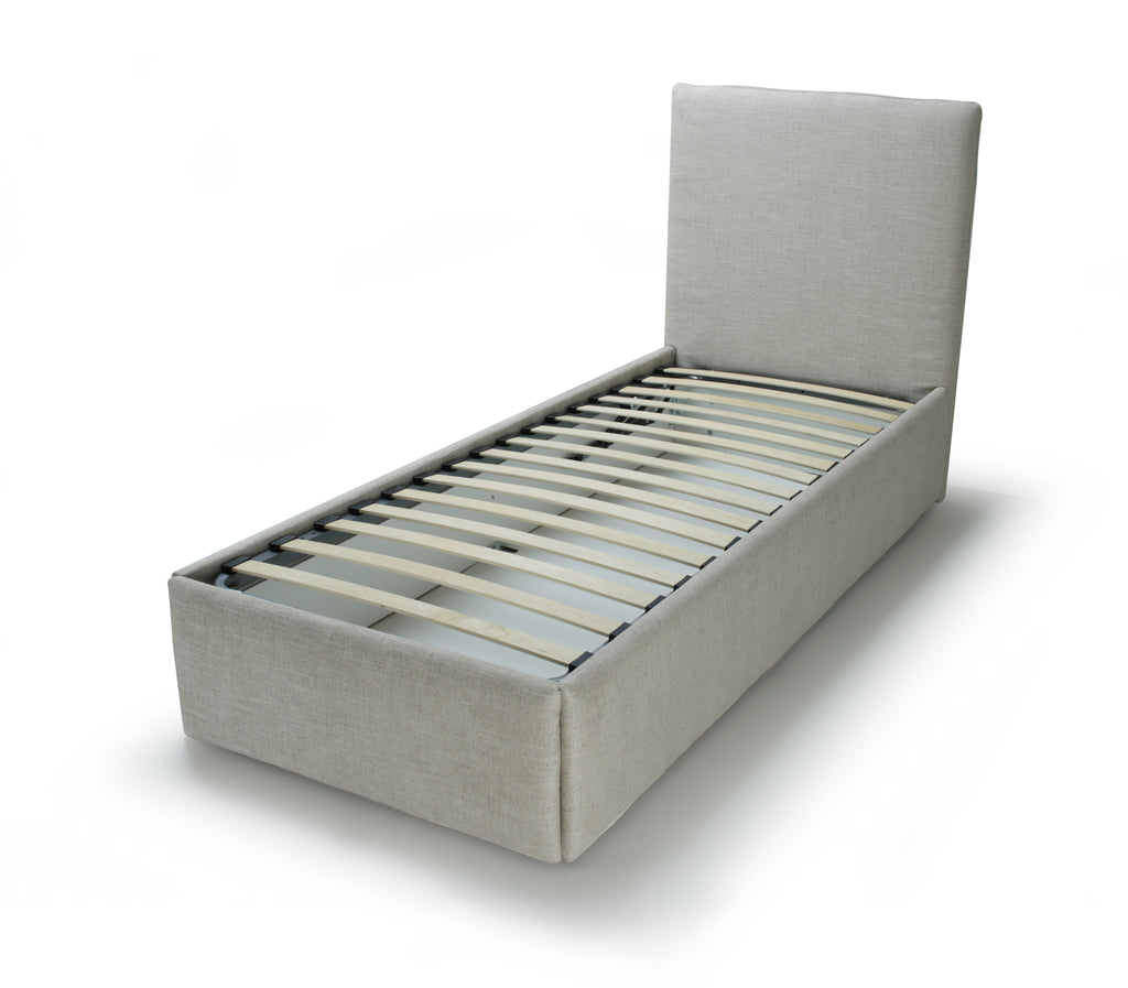 A light gray upholstered bed frame with a tall headboard and slatted support base, shown on a clean white background.