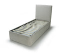 A light gray upholstered bed frame with a tall headboard and slatted support base, shown on a clean white background.