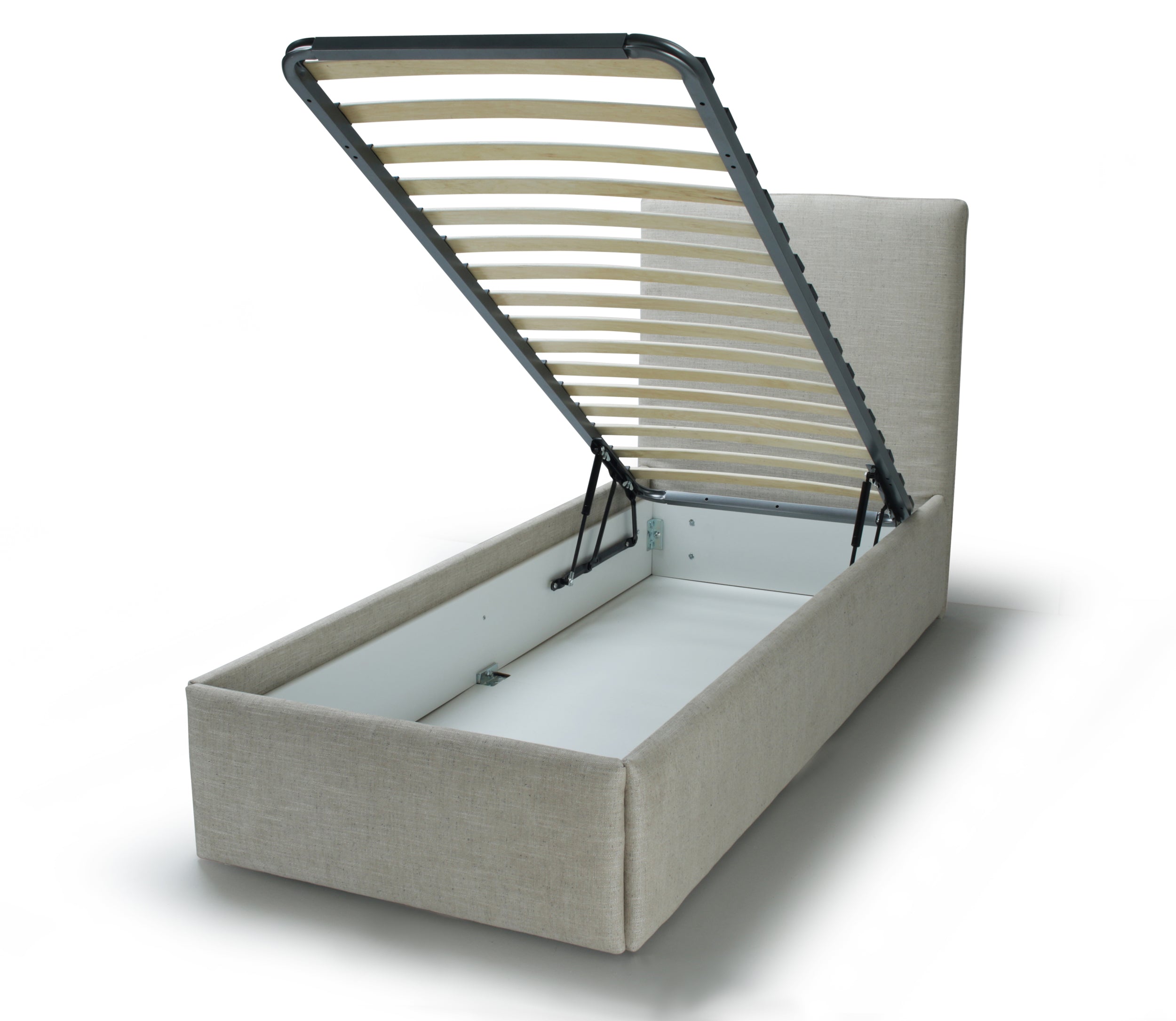 An upholstered storage bed frame with a light beige fabric, shown with the slatted mattress support lifted open to reveal the spacious storage compartment underneath, set against a plain white background.