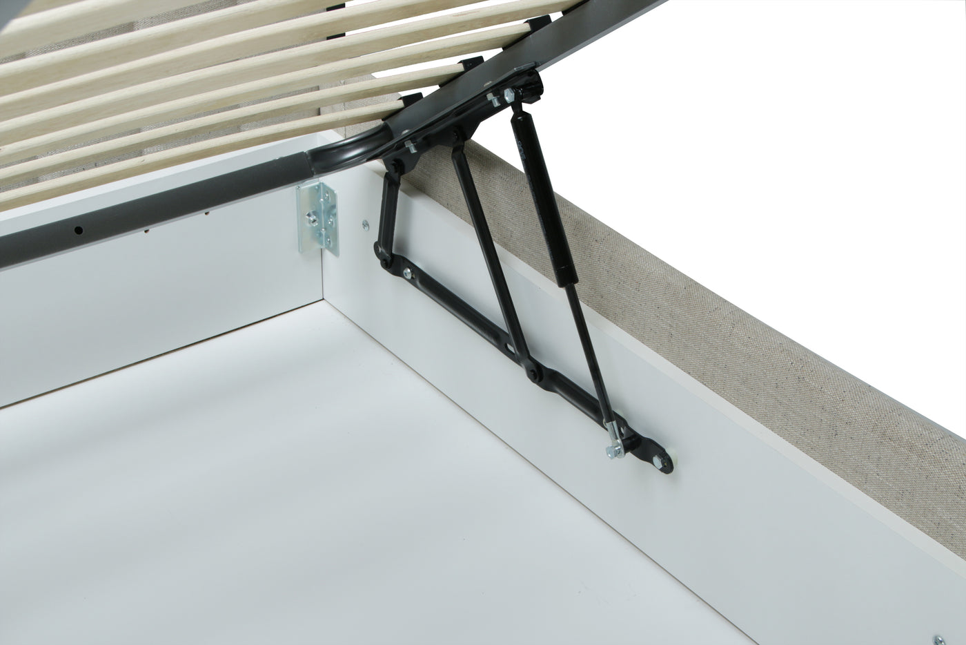 Bed frame with a spring support system on a white background