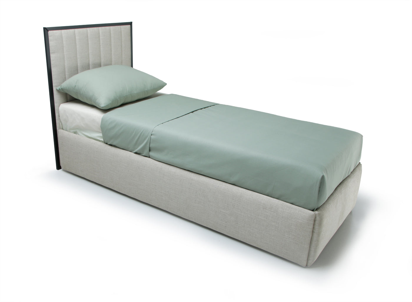 Bed with green bedding and pillow on a white background