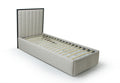 Gray upholstered bed frame with wooden slats on a white background