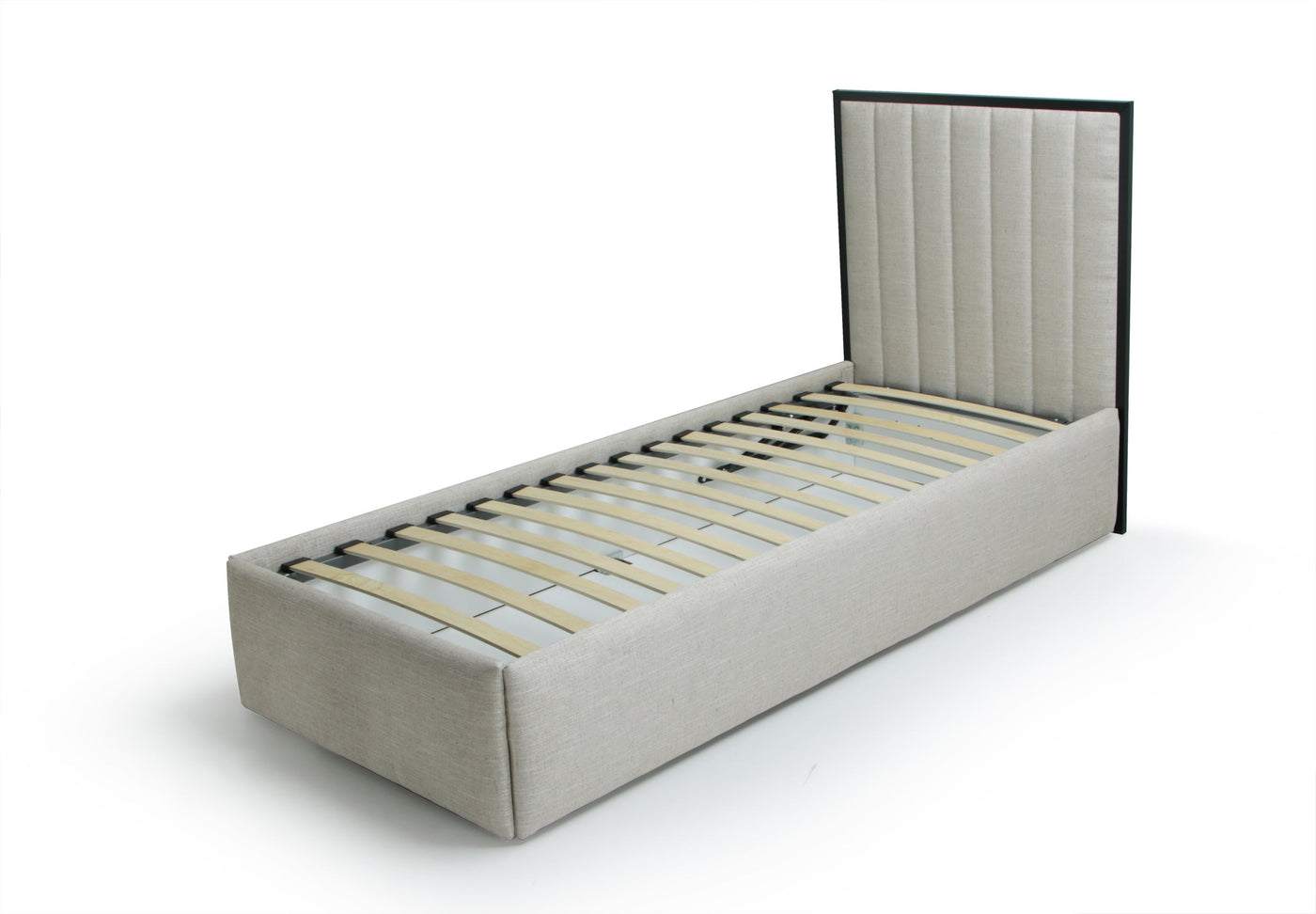 Beige upholstered bed frame with wooden slats on a white background