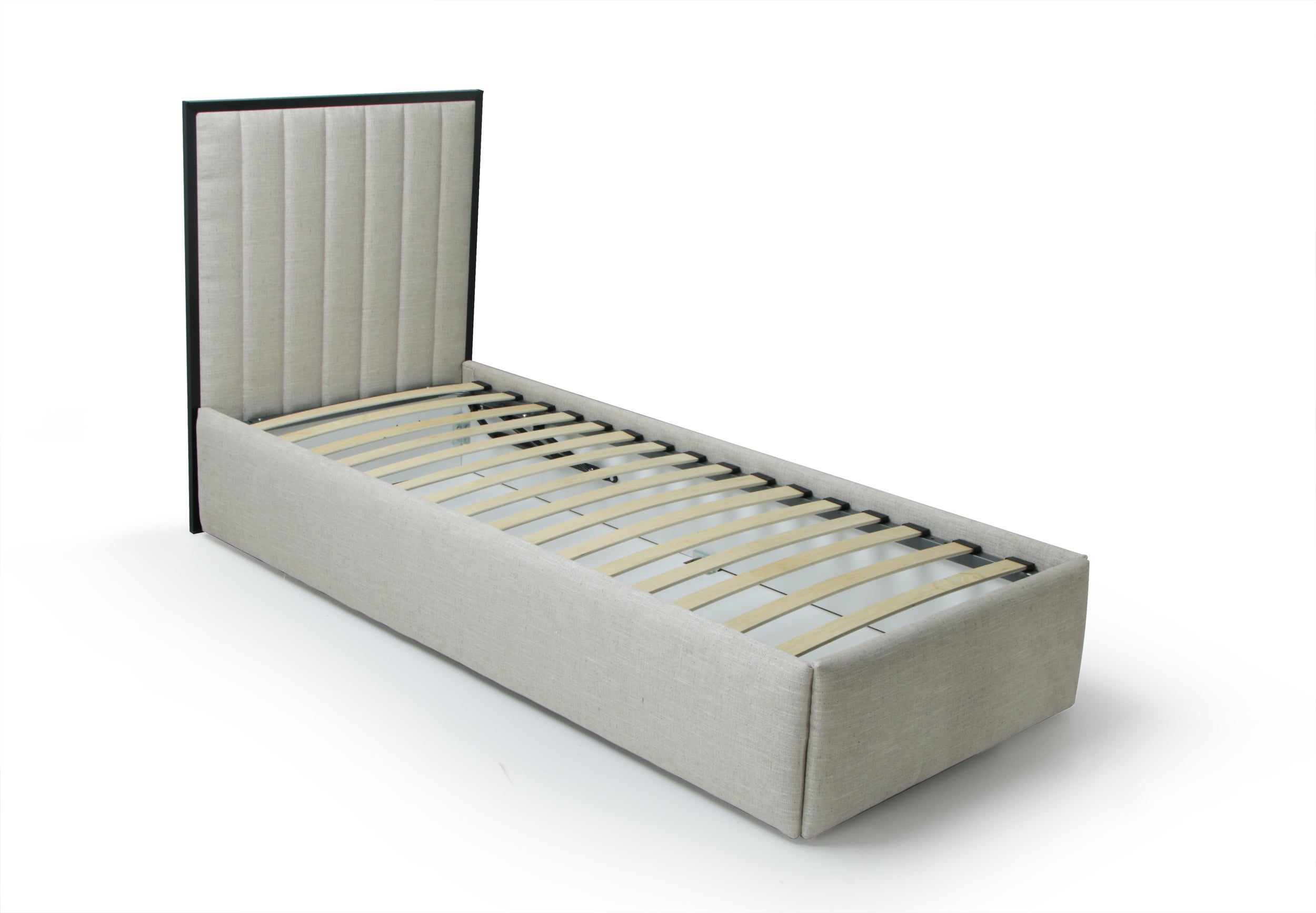 Gray upholstered bed frame with wooden slats on a white background