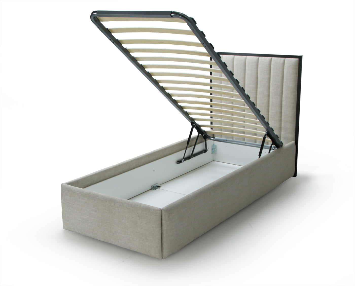 Beige upholstered bed with open storage compartment on a white background