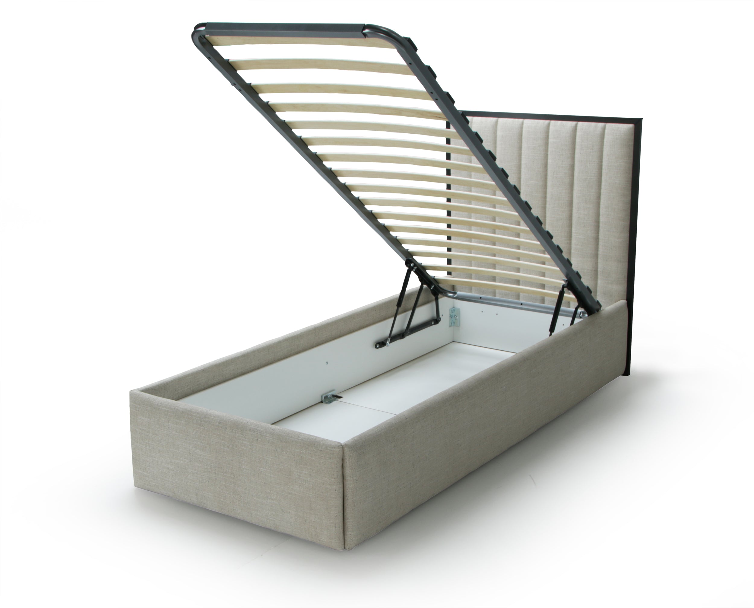 Beige upholstered bed with open storage compartment on a white background