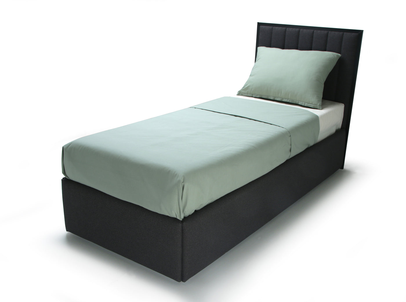 A single bed with a dark gray upholstered base and tall tufted headboard, dressed in pale sage green bedding and a matching pillow, shown on a clean white background.