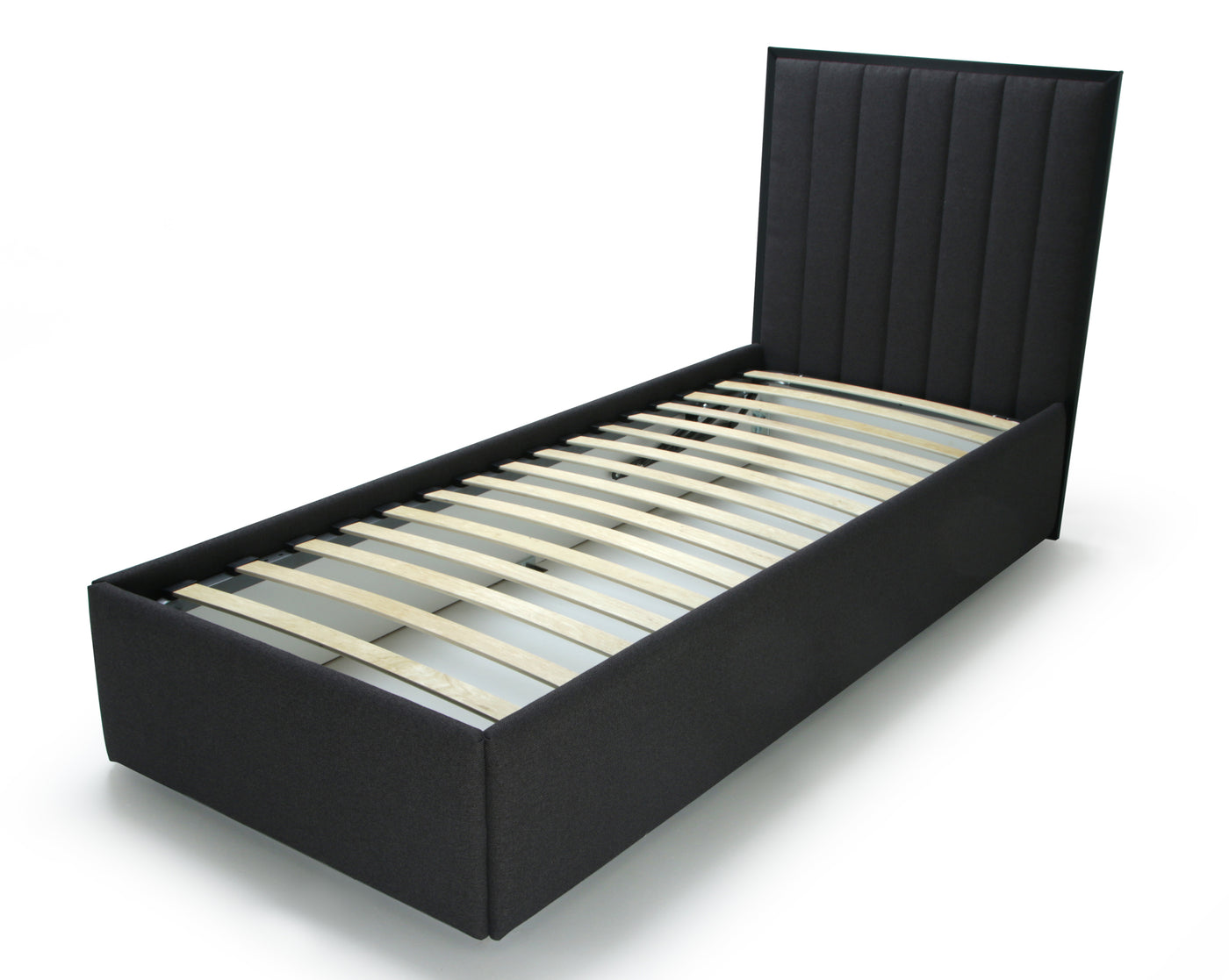 A modern single bed frame with a black upholstered headboard and side rails, supported by light wood slats, shown on a white background.