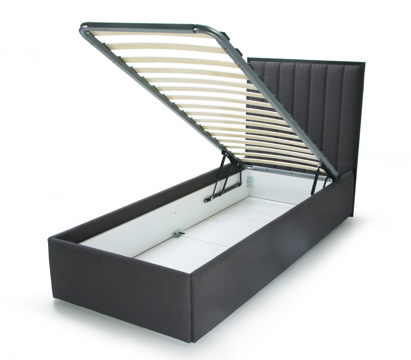 A dark gray upholstered storage bed with its headboard and side panel lifted open to show the slatted support structure and white storage compartment interior, set against a plain white background.
