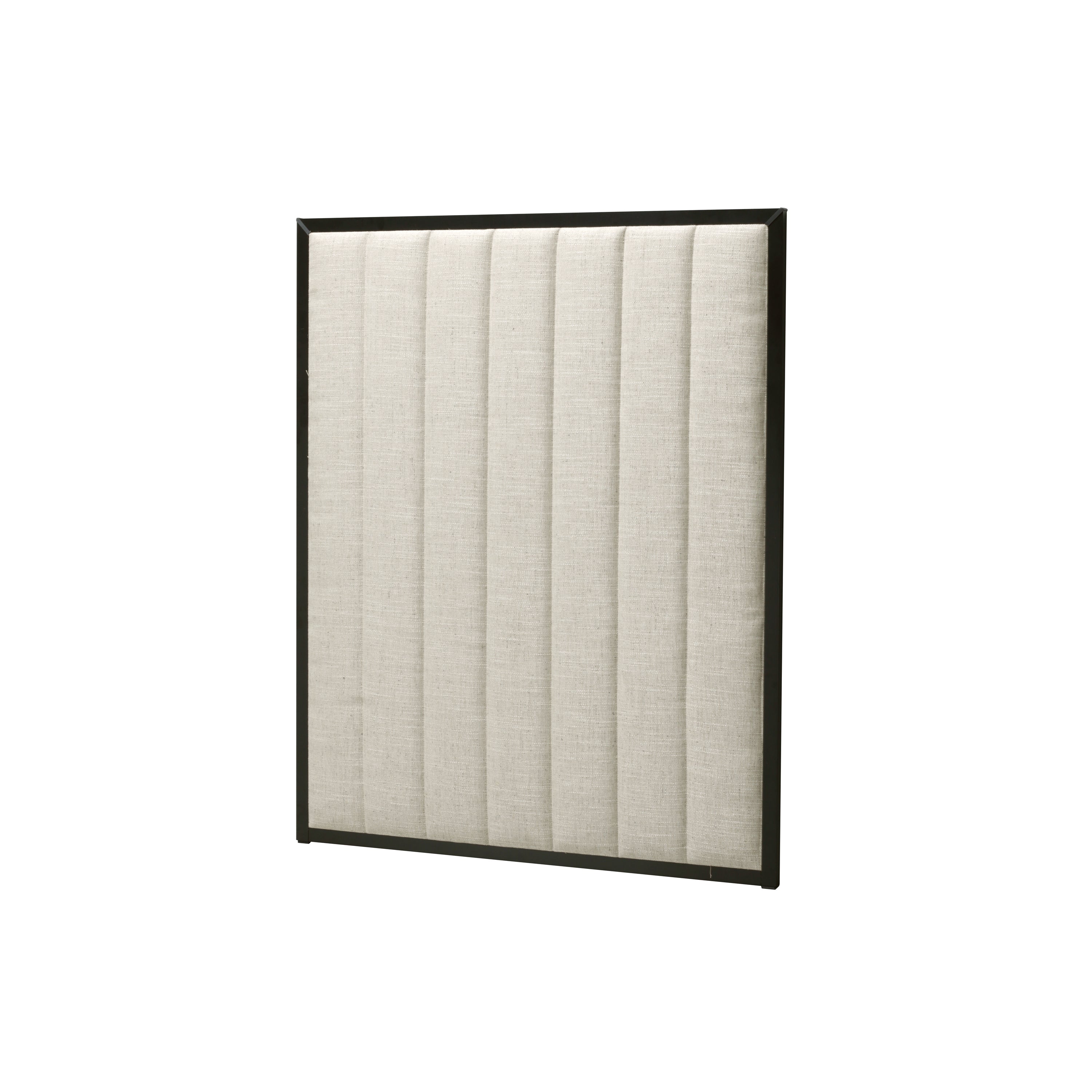 Stitched headboard with a beige upholstery and black frame on a white background -side view