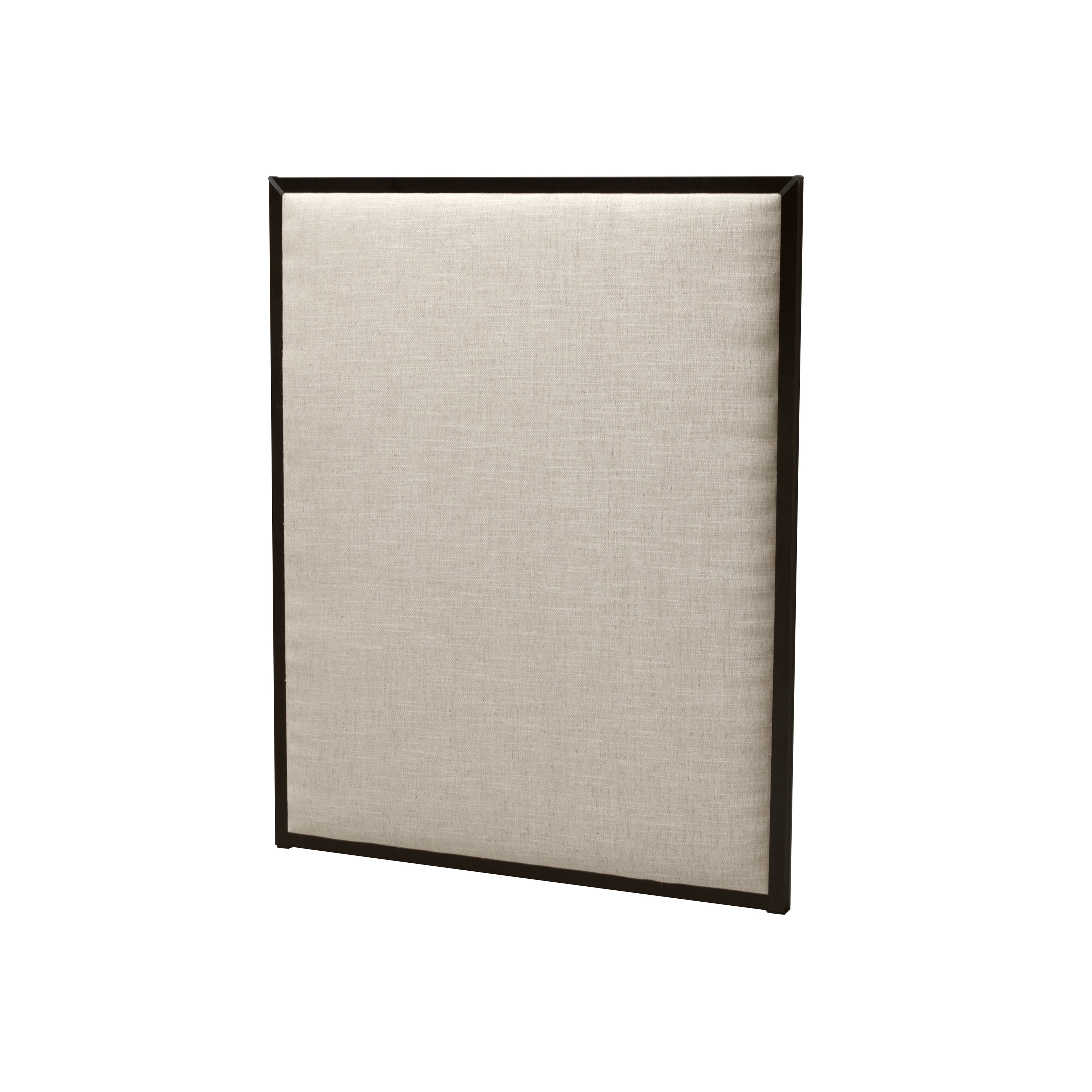 Headboard with a beige upholstery and black frame on a white background -side view