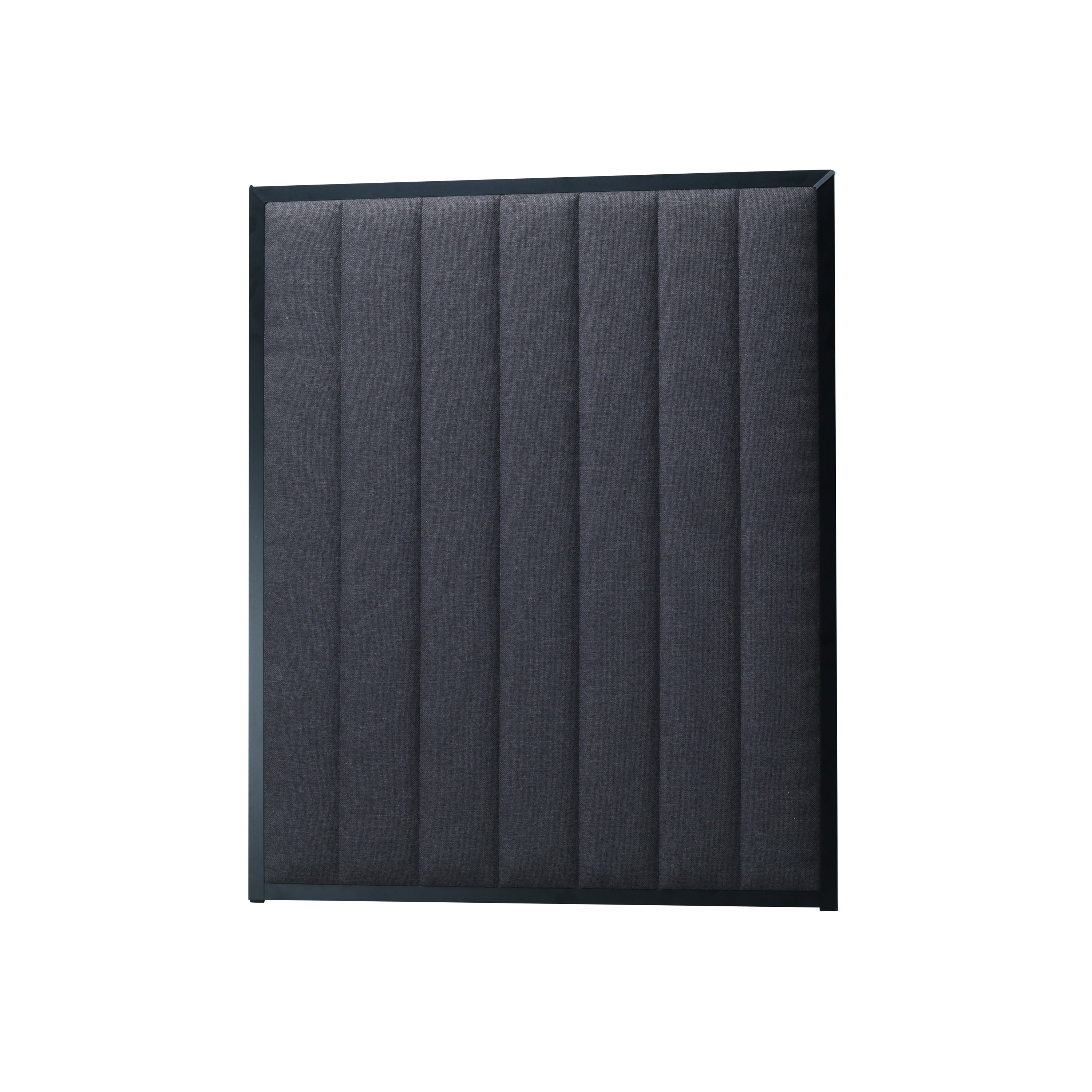 Stitched headboard with a dark grey upholstery and black frame on a white background 