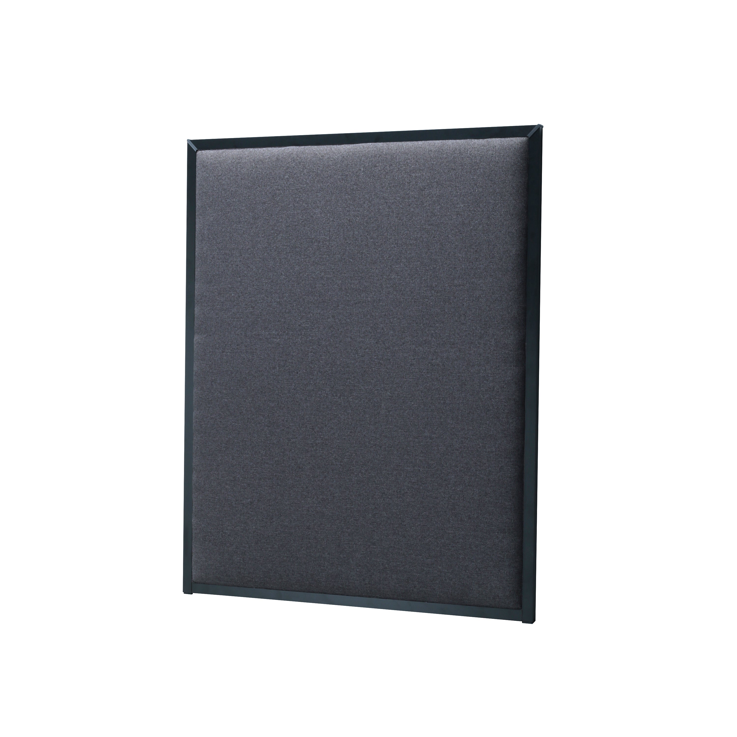 Headboard with a dark grey upholstery and black frame on a white background -side view
