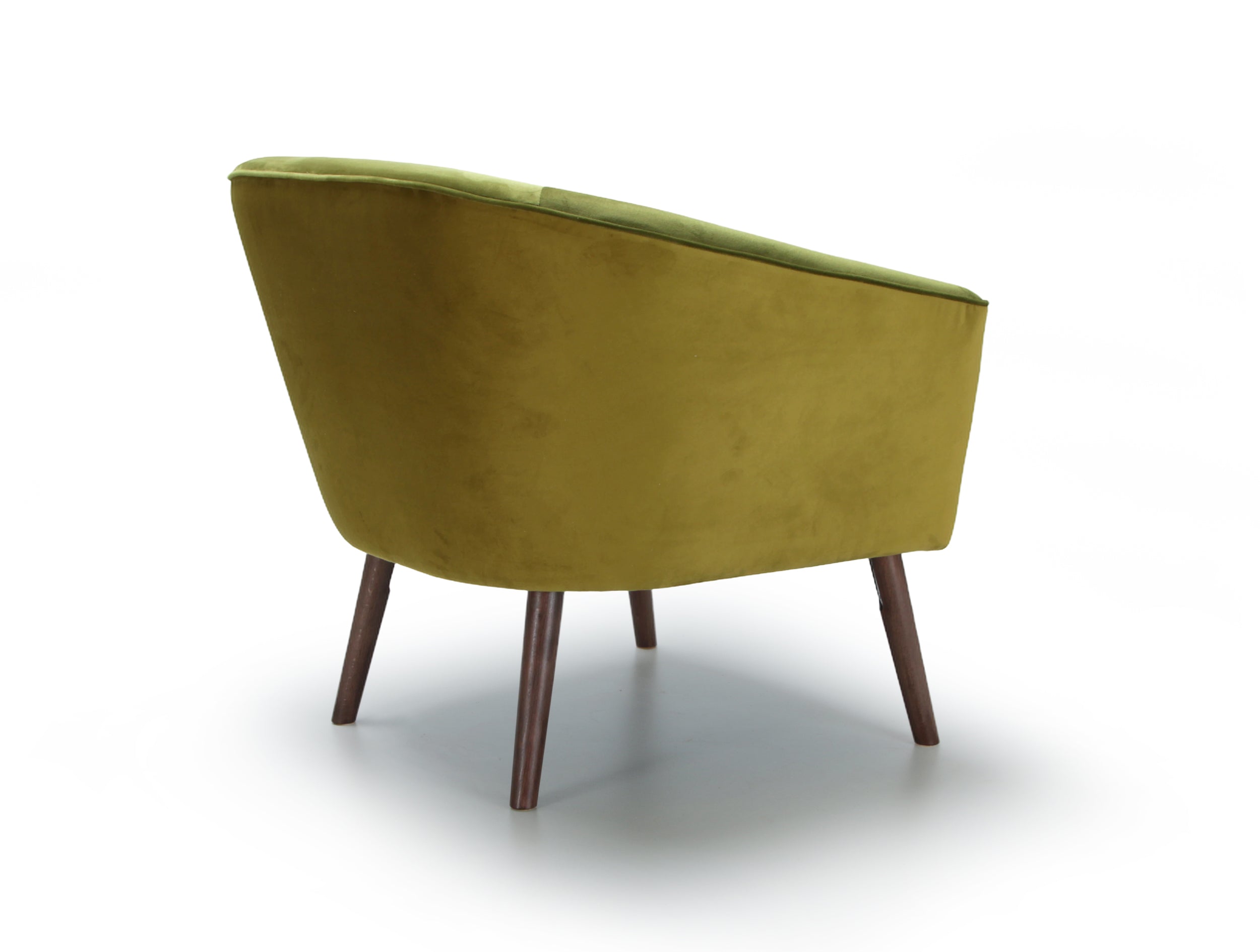 Green armchair Leonardo with wooden legs on a white background -back view