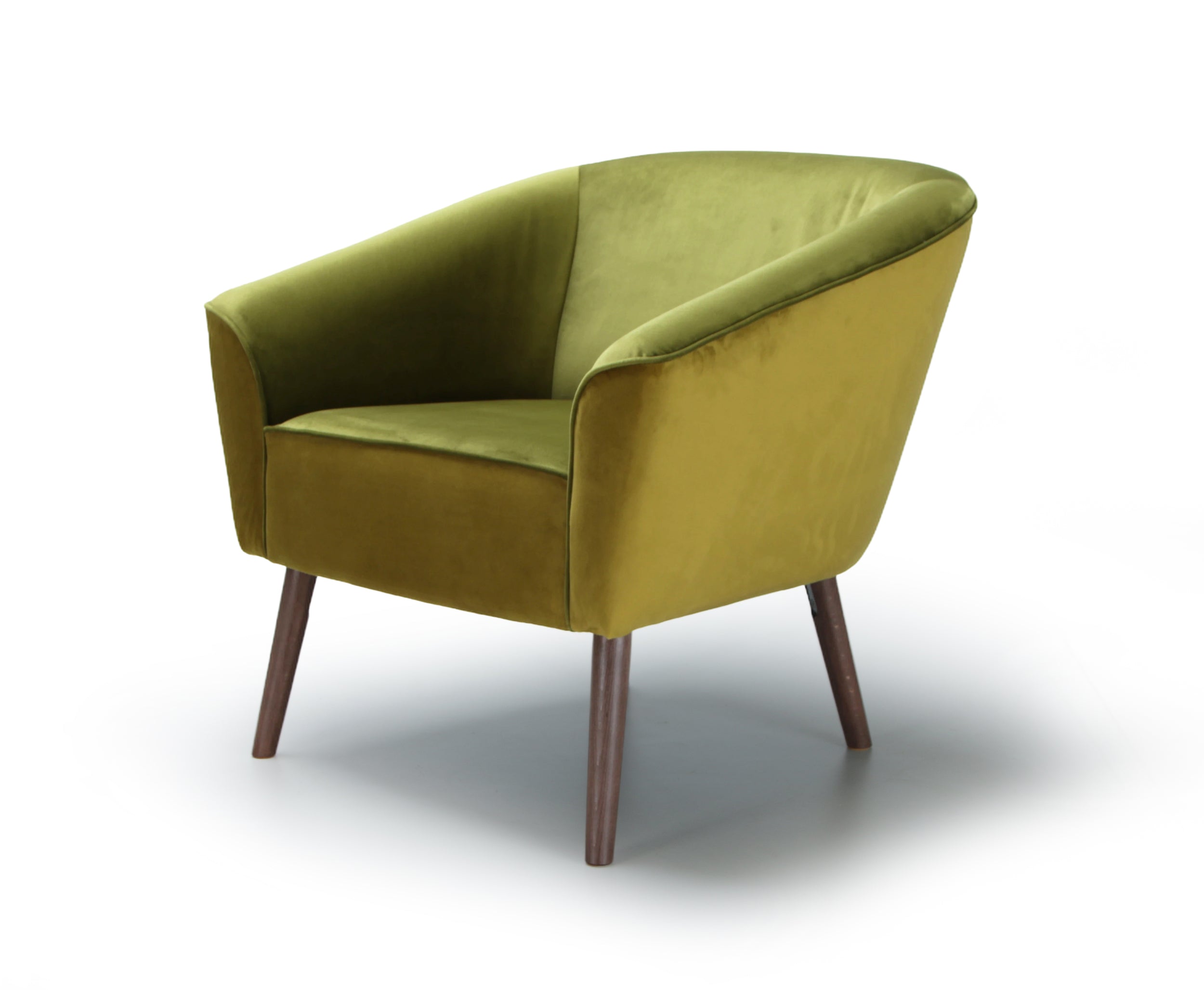 Green armchair Leonardo with wooden legs on a white background -front side view
