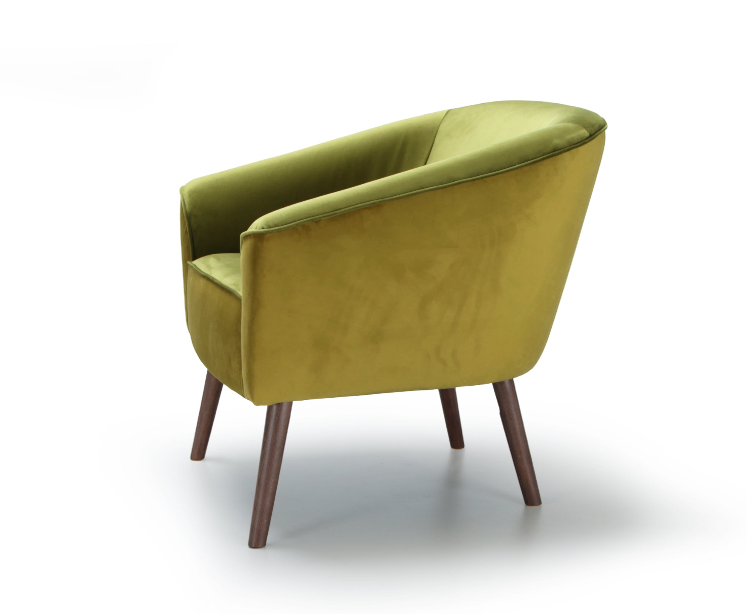 Green armchair Leonardo with wooden legs on a white background -side view