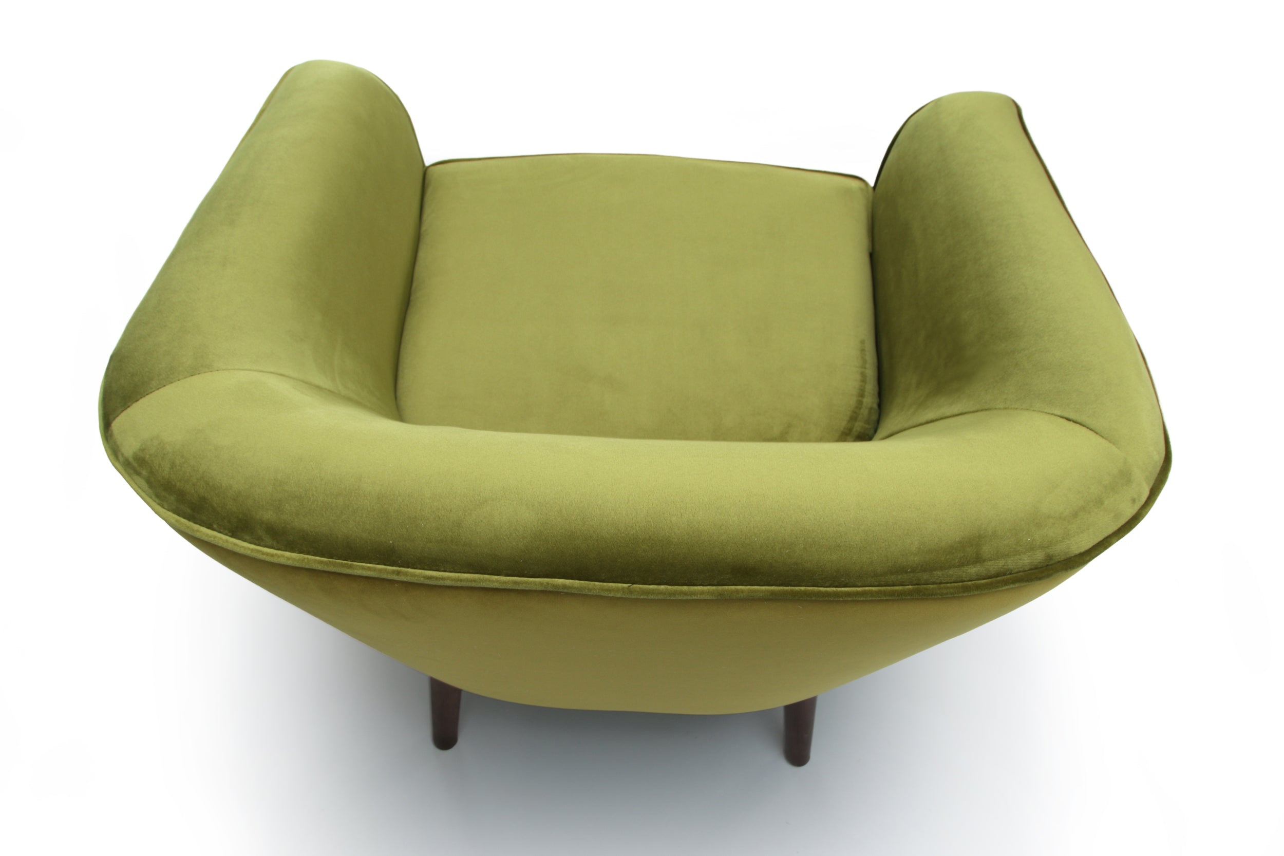 Green armchair Leonardo with wooden legs on a white background -top back view
