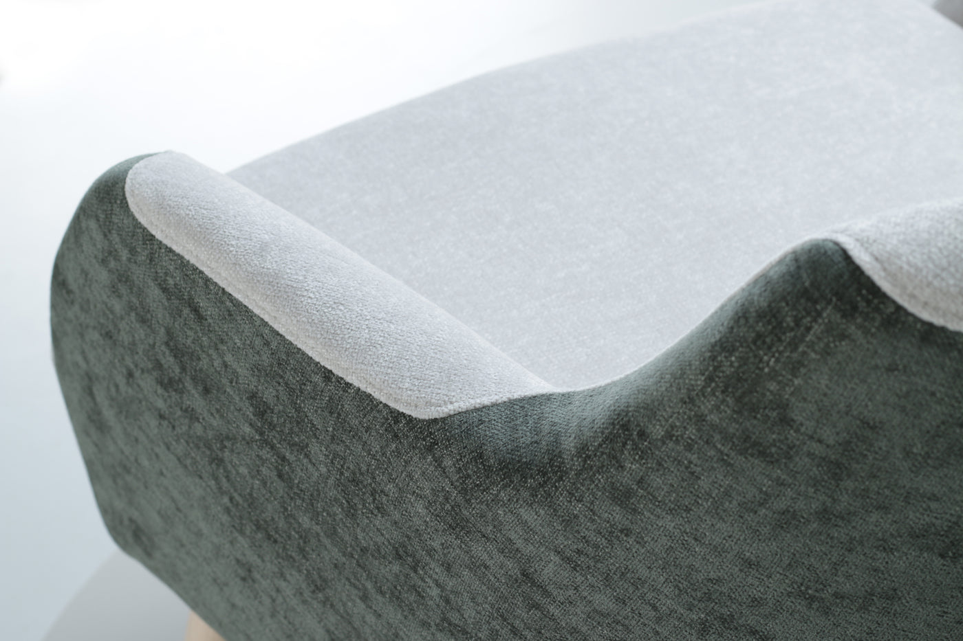 Modern armchair Lola with dark green and white design on a white background -close back side view