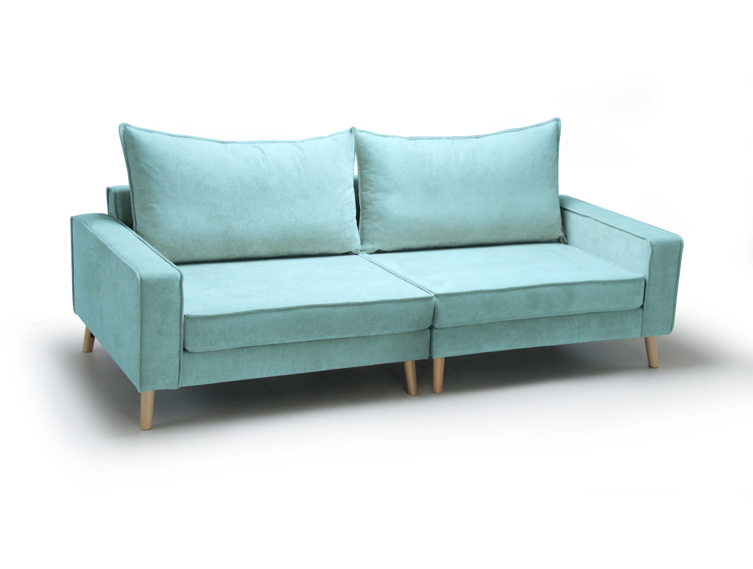Turquoise,two seats sofa Lucas, on a white background - front view.