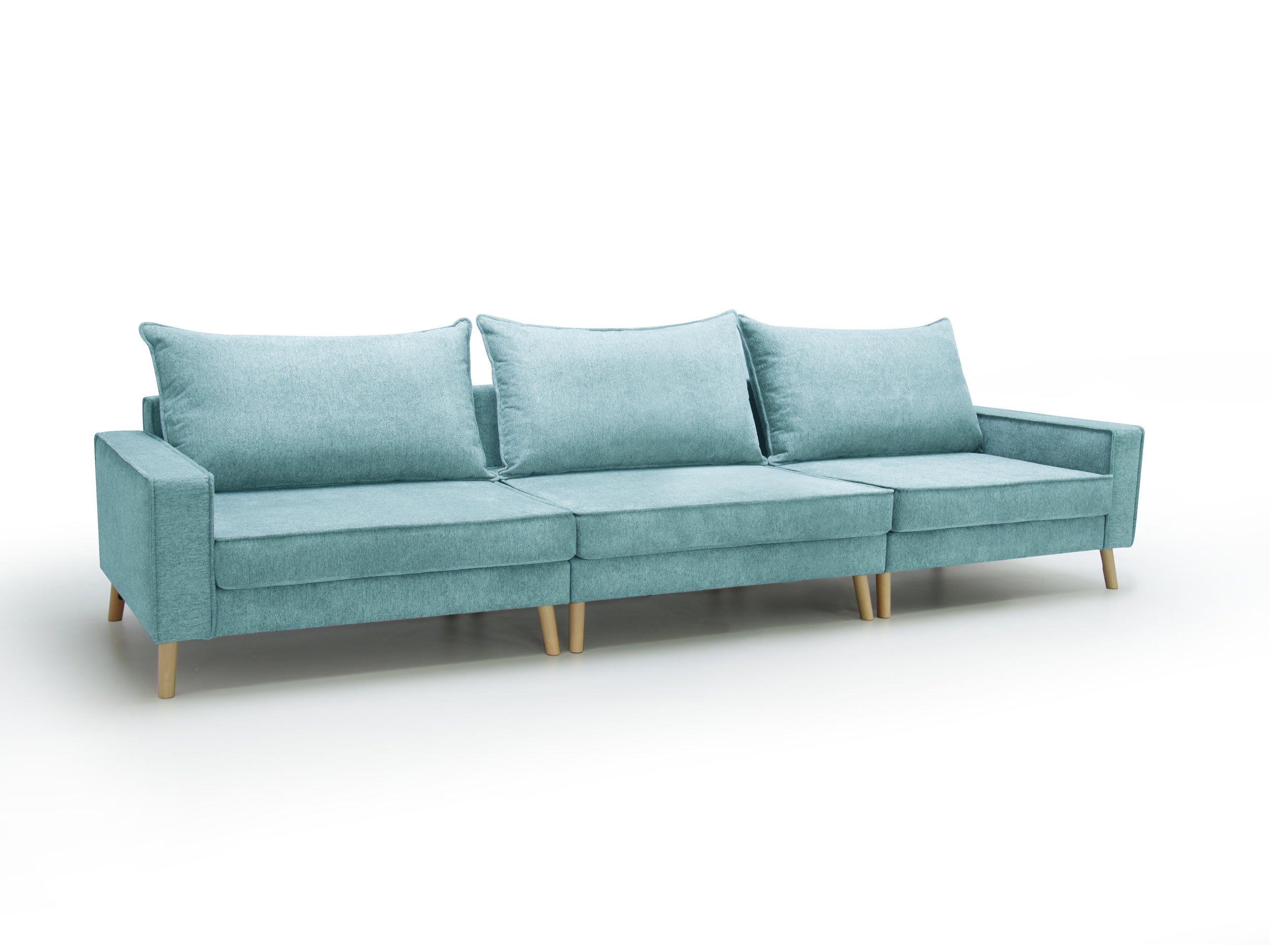 Turquoise, three seats sofa Lucas, on a white background - front view.